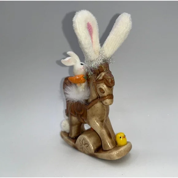 Vintage Ceramic Mini Rocking Horse Easter Bunny Chick Rider Faux Fur saddle OOAK - Picture 3 of 16